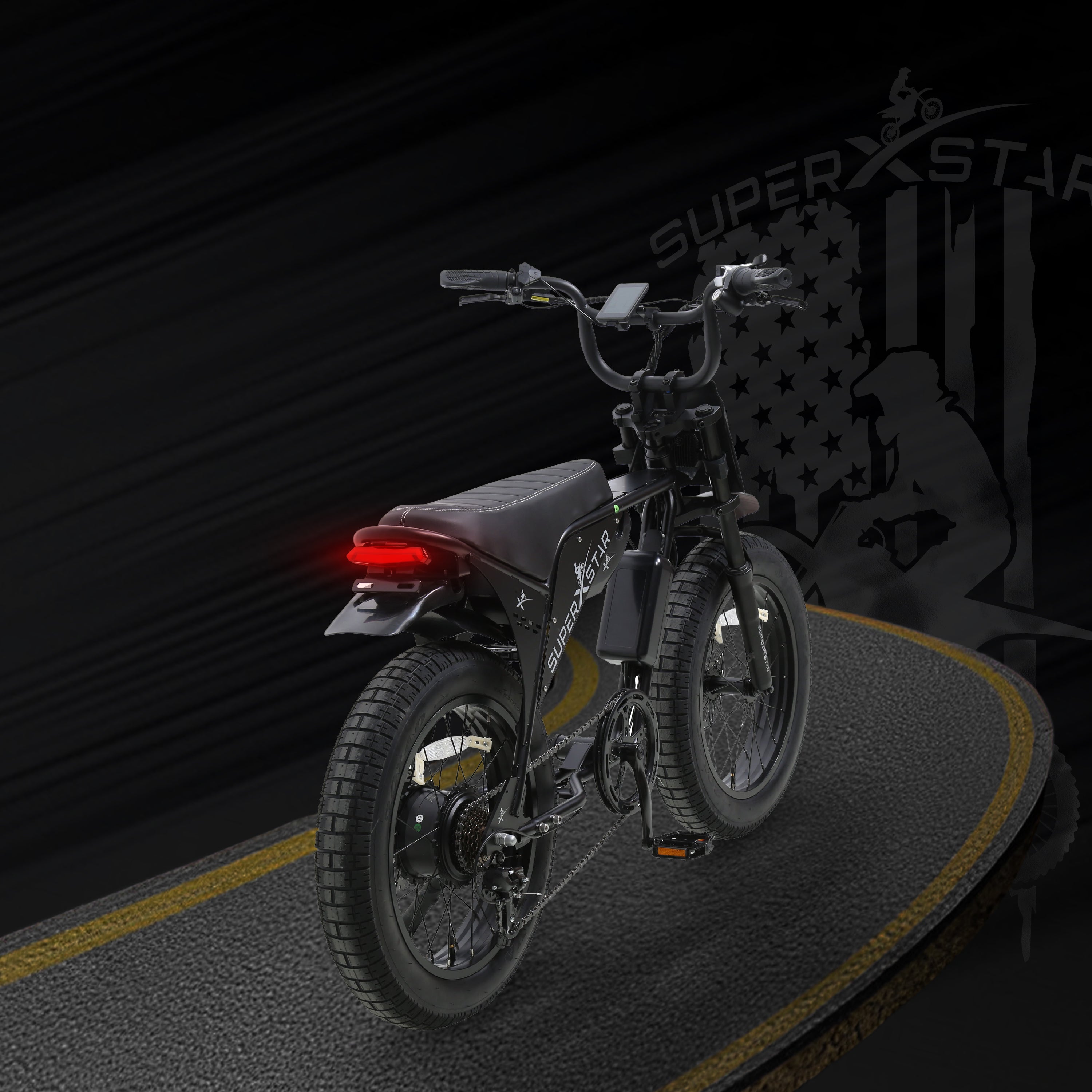 Super X Star E Times JR electric bike rear view with LED taillight on black road background