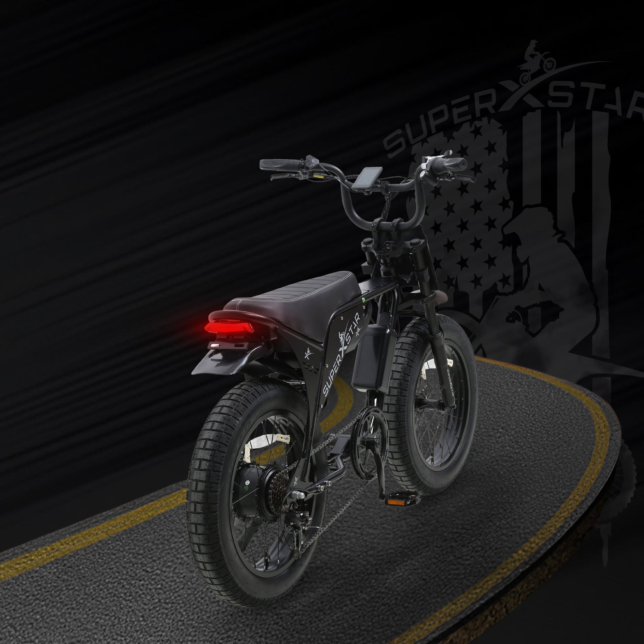 Super X Star E Times JR electric bike rear view with LED taillight on black road background