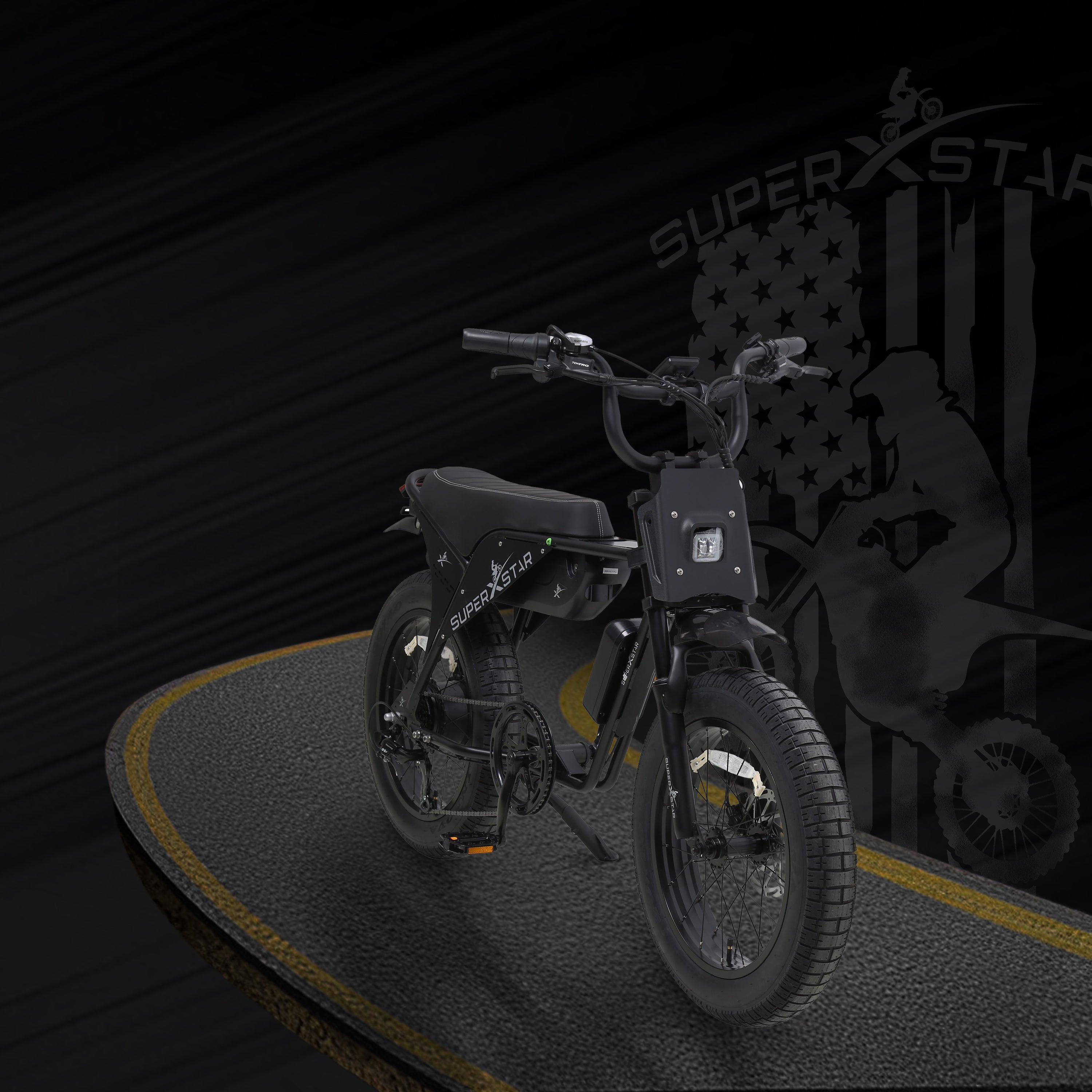 Super X Star E Times JR electric bike front view with LED headlight on dark road background