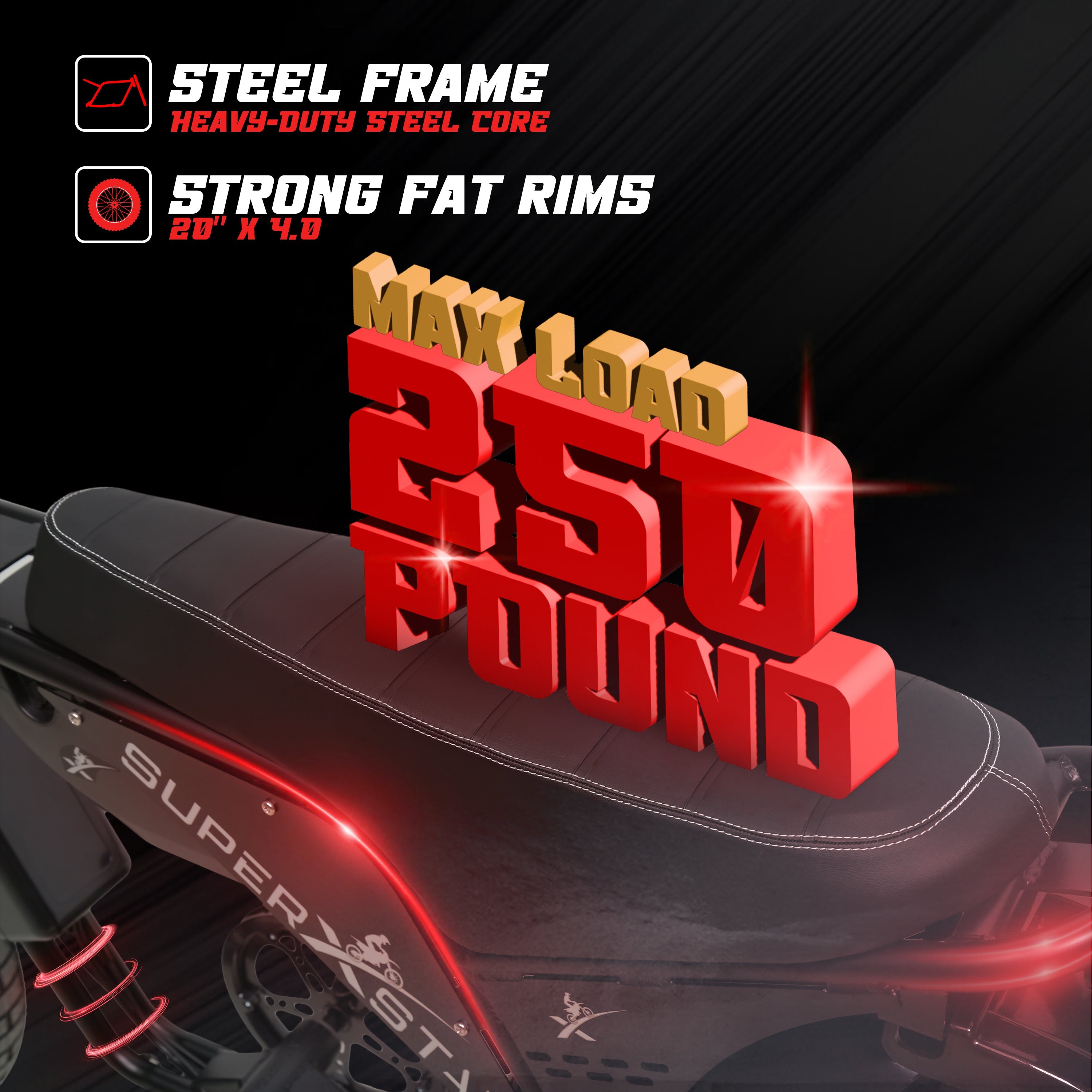 Super X Star E Times JR steel frame electric bike with 250 pound max load and 20x4.0 fat rims