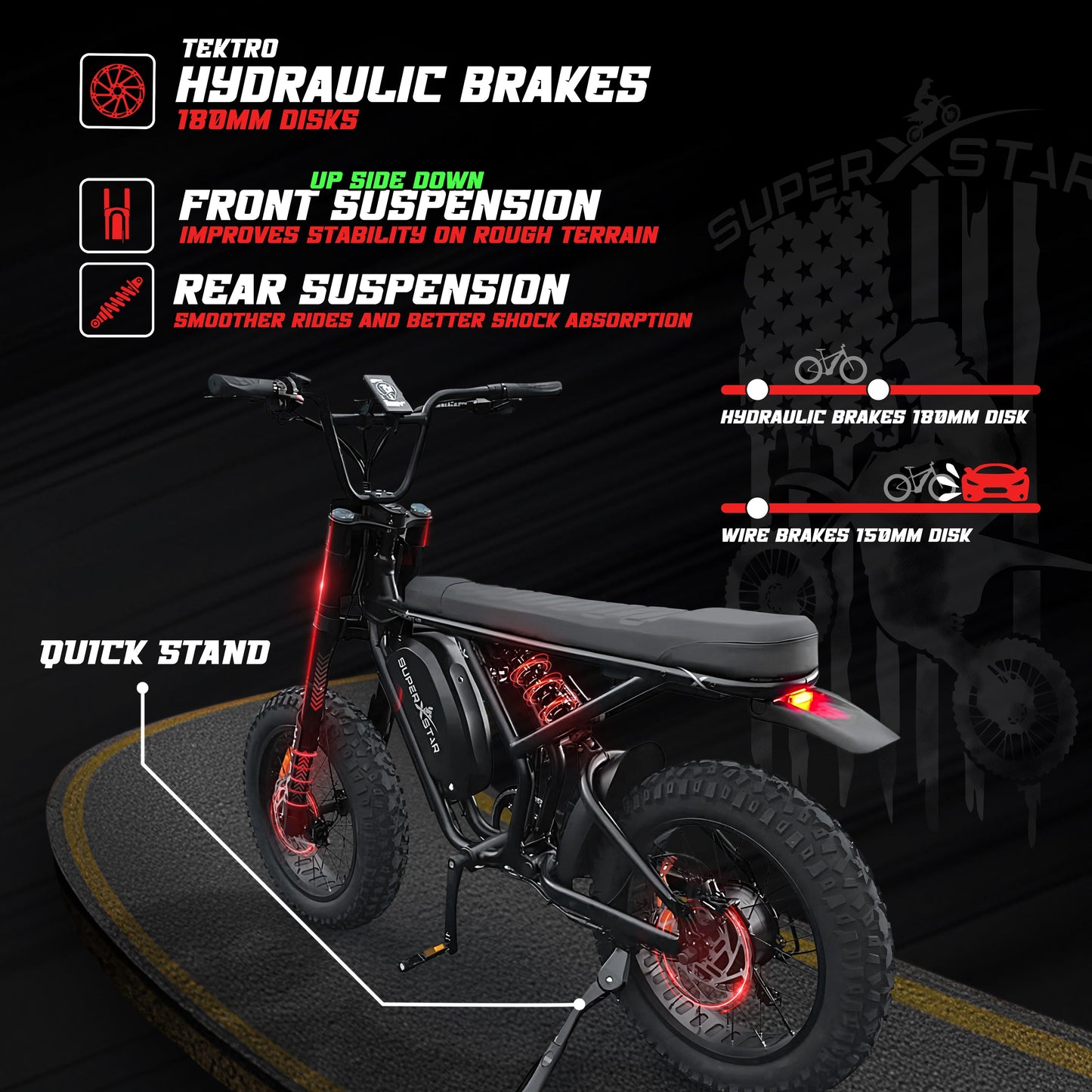 Super X Star e-bike hydraulic brakes 180mm disks upside down suspension rear shock quick stand