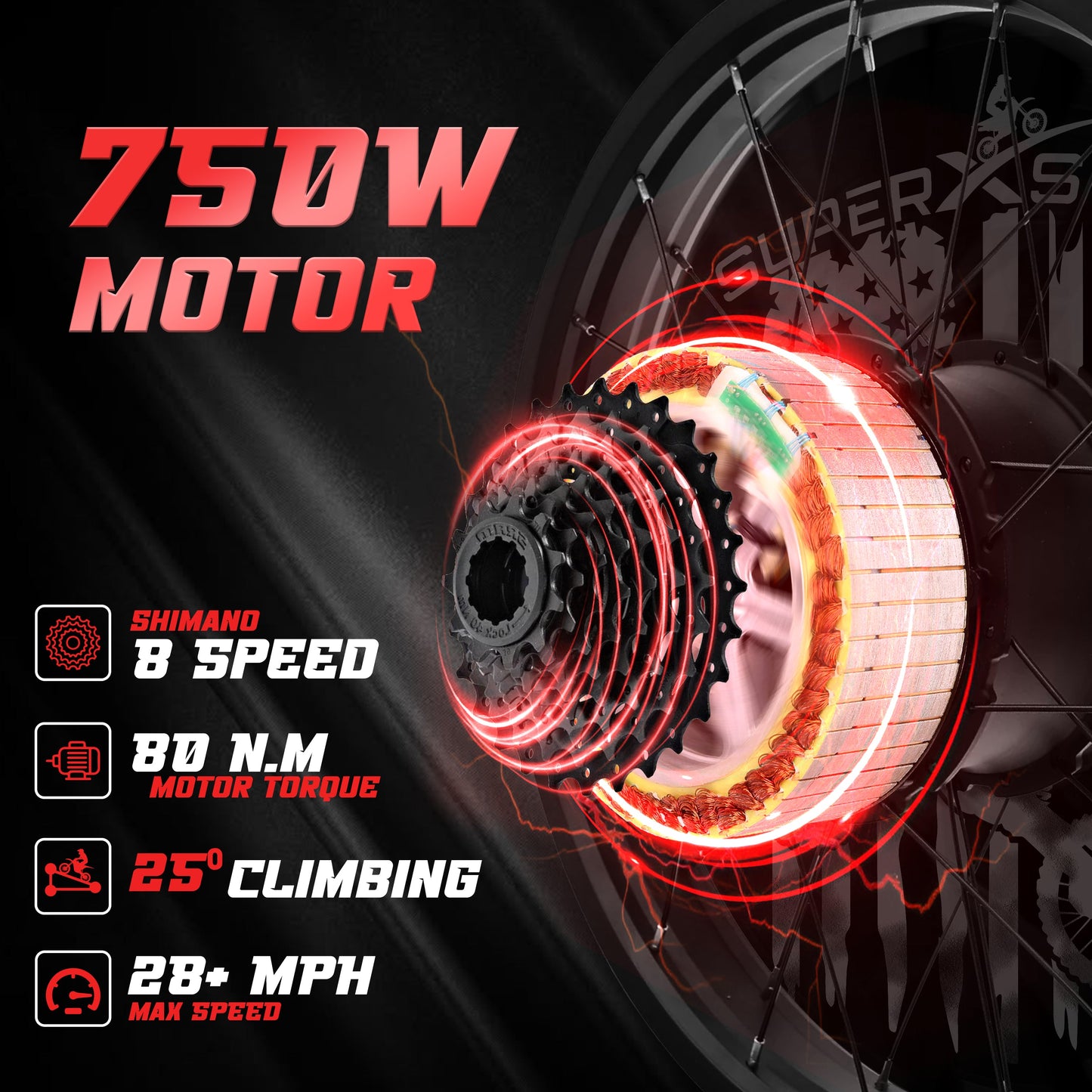 Super X Star e-bike 750W motor Shimano 8 speed 80Nm torque 25 degree climbing 28mph top speed