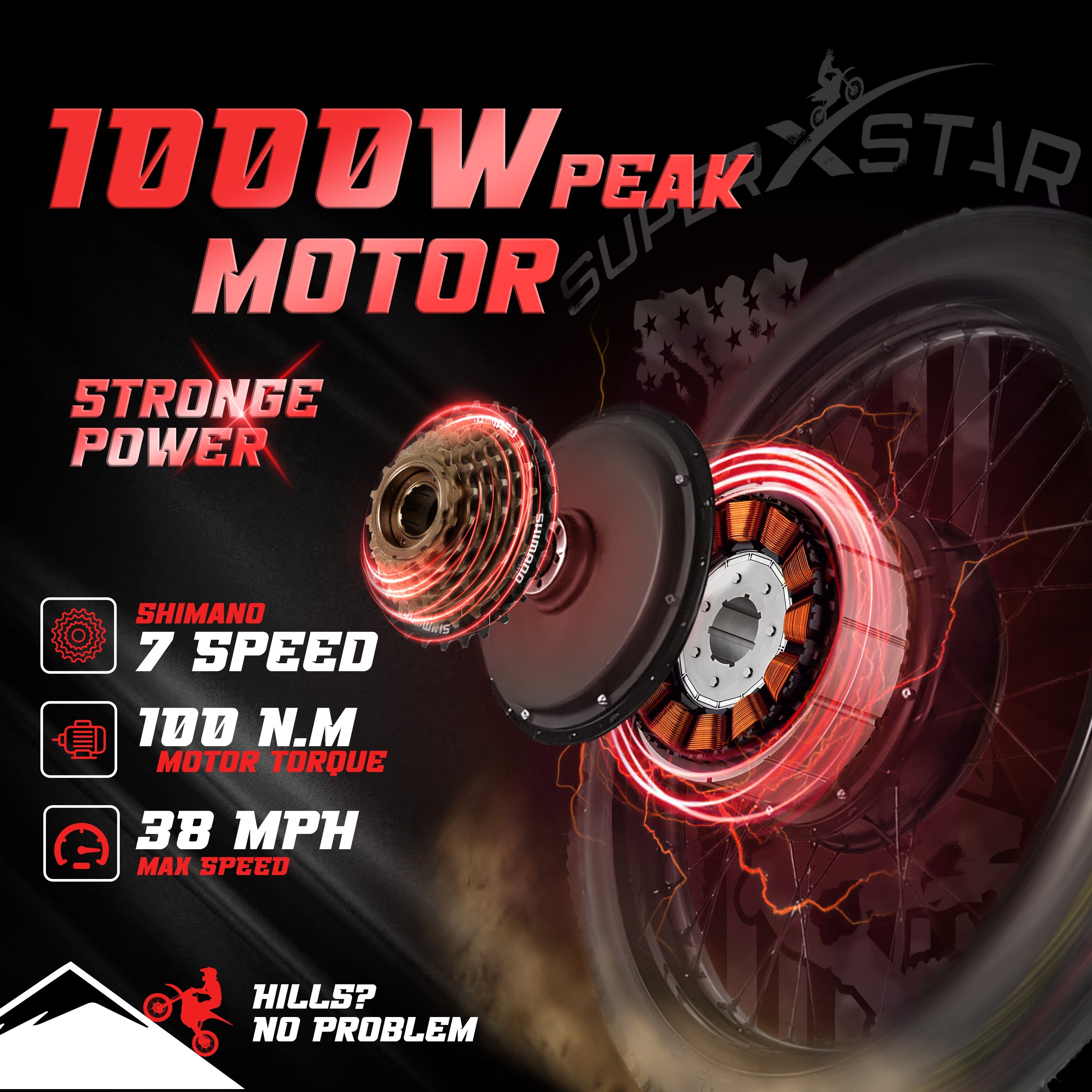 Super X Star Extreme Adventure 1000W peak motor with Shimano 7-speed, 100Nm torque, 38 mph top speed