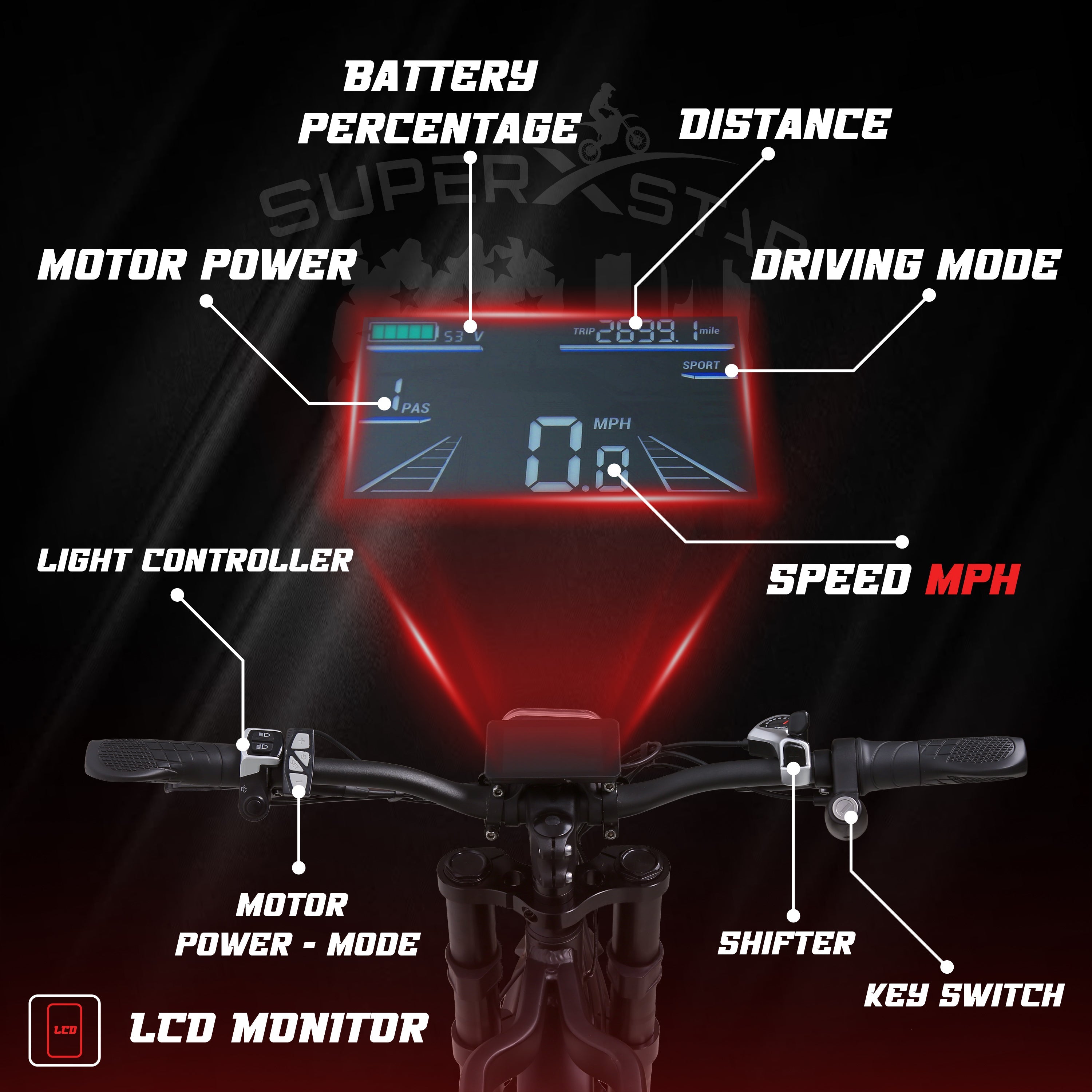 Super X Star Extreme Adventure LCD display showing speed, battery, distance, driving modes, and motor power