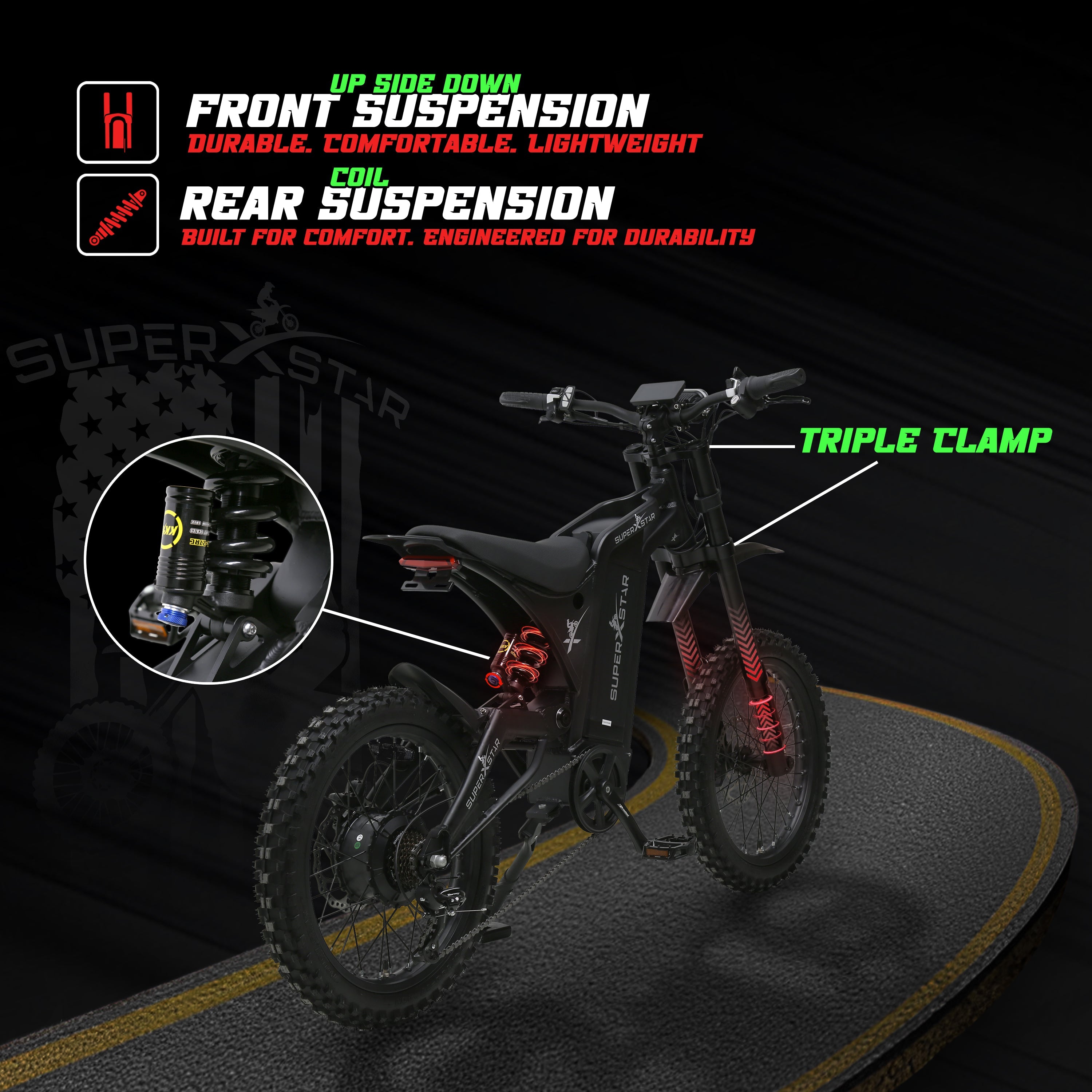 Super X Star Extreme Adventure electric dirt bike with upside down front suspension and coil rear shock