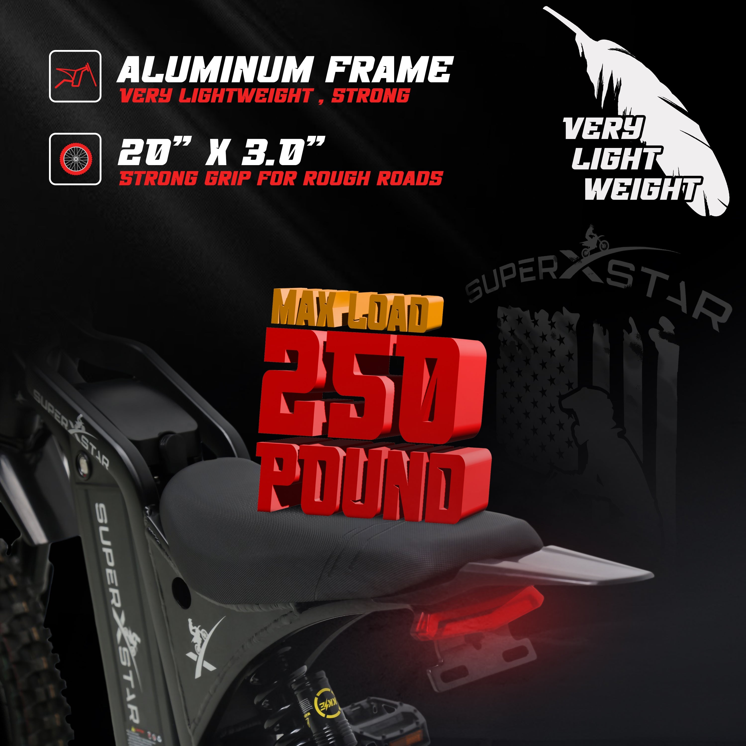 Super X Star Extreme Adventure aluminum frame electric dirt bike with 250 pound max load