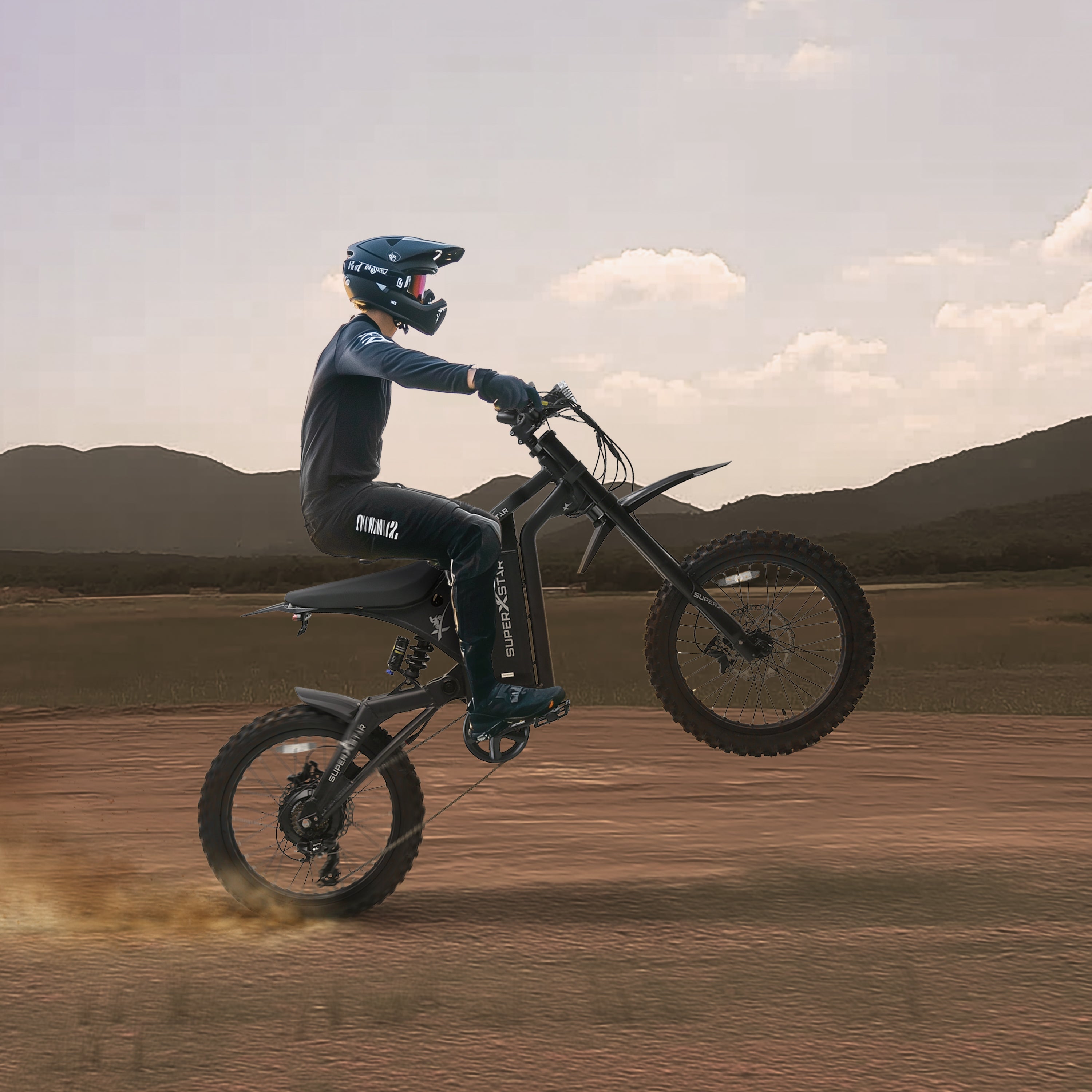 Rider performing wheelie on Super X Star Extreme Adventure electric dirt bike in desert terrain