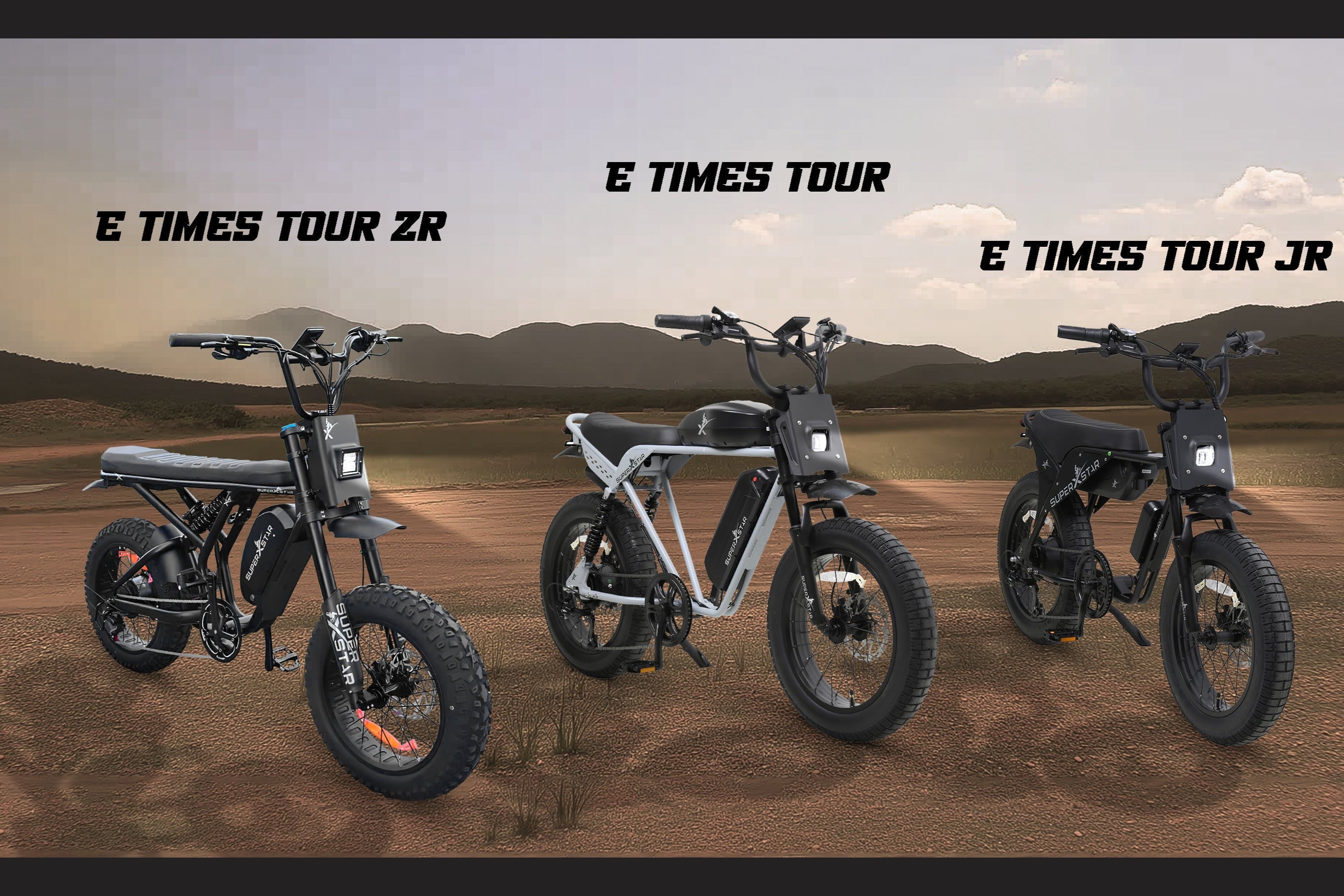 Three electric bikes labeled 'E TIMES TOUR ZR', 'E TIMES TOUR', and 'E TIMES TOUR JR' against a desert landscape.