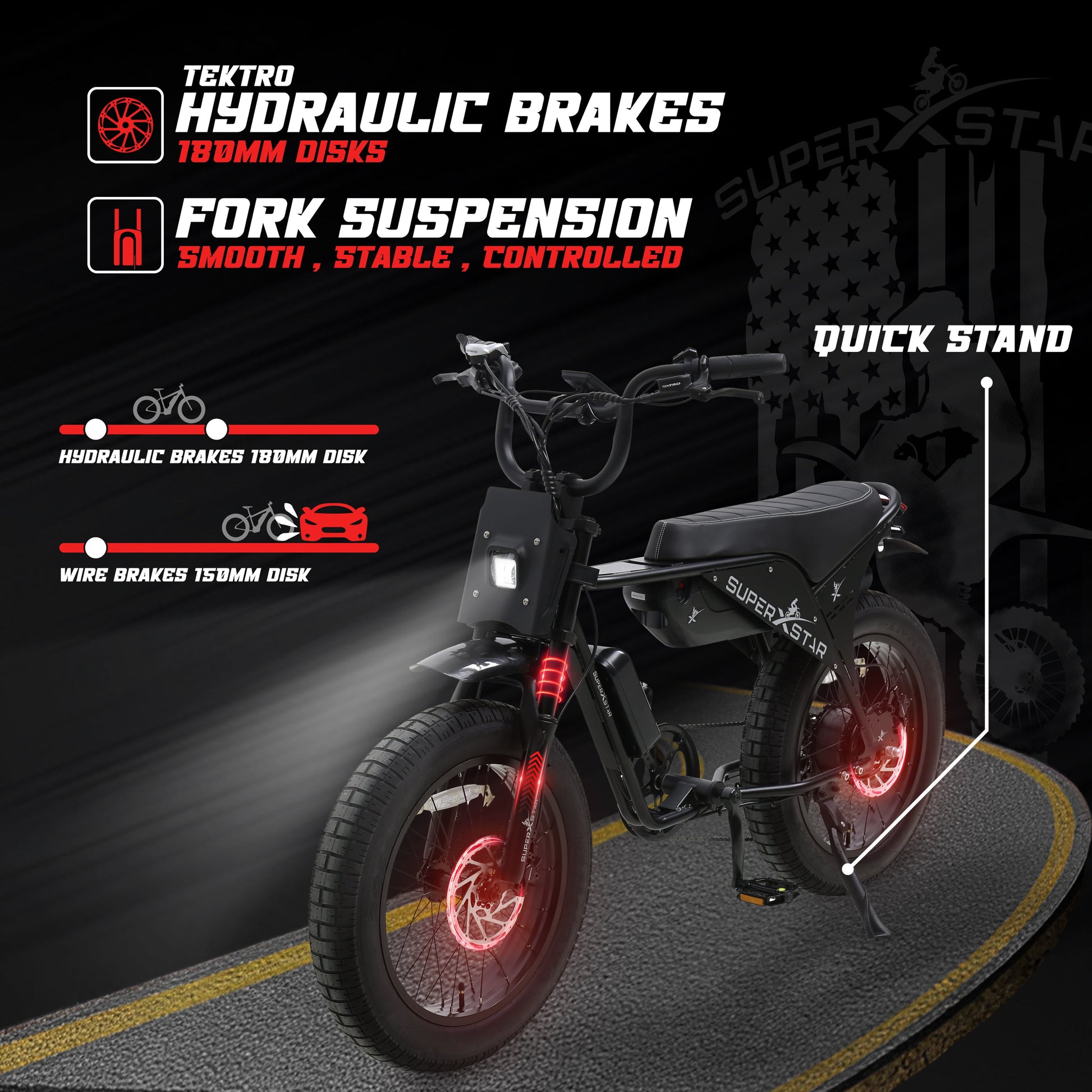 Super X Star E Times JR electric bike with Tektro hydraulic brakes, 180mm discs, and fork suspension
