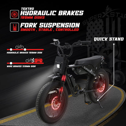 Super X Star E Times JR electric bike with Tektro hydraulic brakes, 180mm discs, and fork suspension