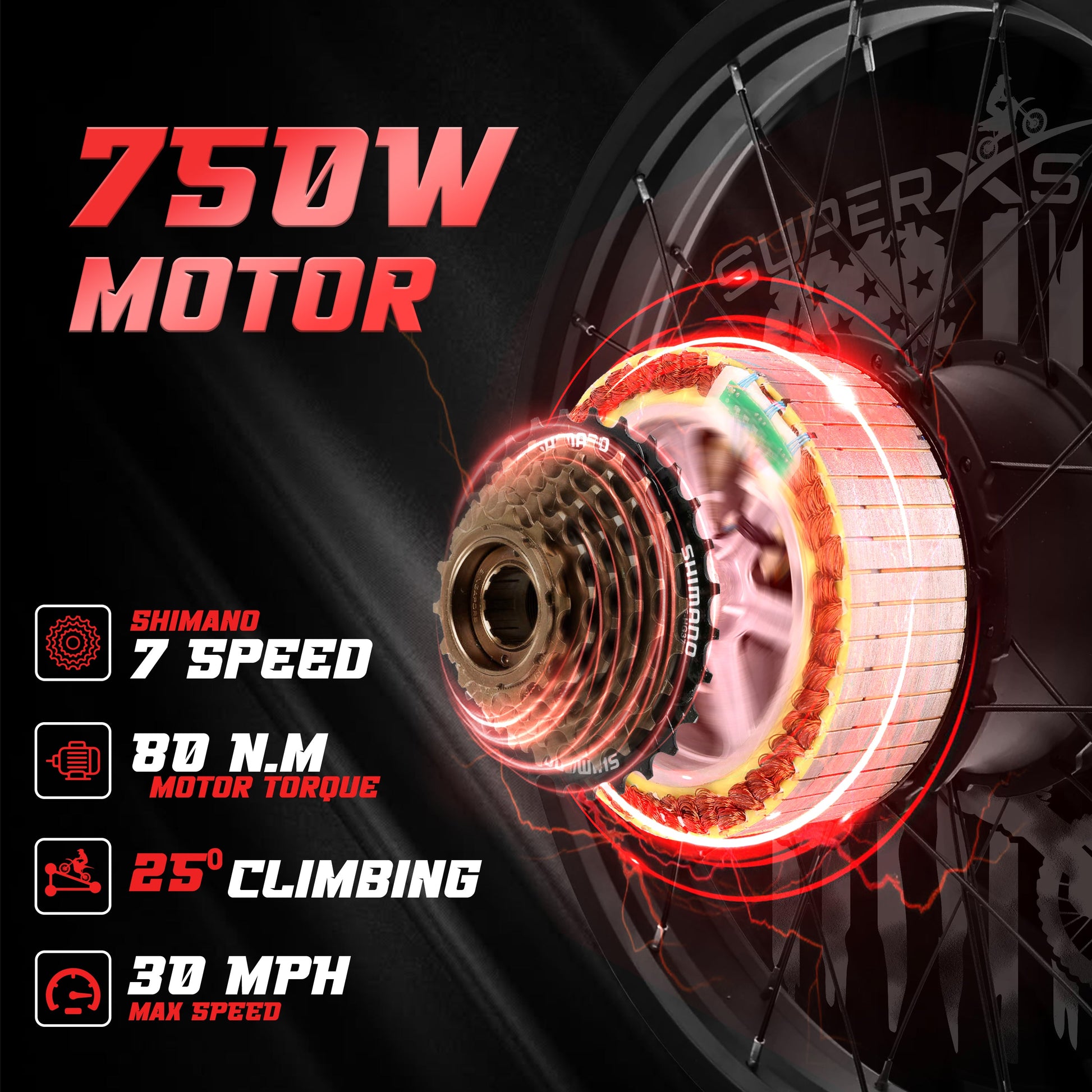 Super X Star E Times JR 750W motor with Shimano 7-speed, 80Nm torque, 25 degree climbing, 30 mph top speed