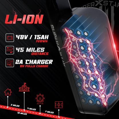 Super X Star E Times JR 48V 15Ah lithium battery with 45 mile range and 2A charger