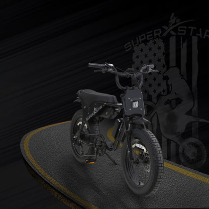 Super X Star E Times JR electric bike front view with LED headlight on dark road background