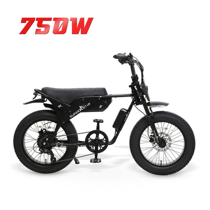 Super X Star E Times JR 750W electric bike with black frame and 20-inch fat tires