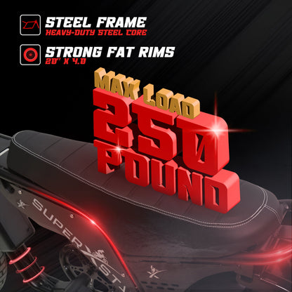 Super X Star E Times JR steel frame electric bike with 250 pound max load and 20x4.0 fat rims