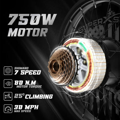 Super X Star E Times Tour 750W motor with Shimano 7-speed, 80Nm torque, 25 degree climbing, and 30 mph max speed