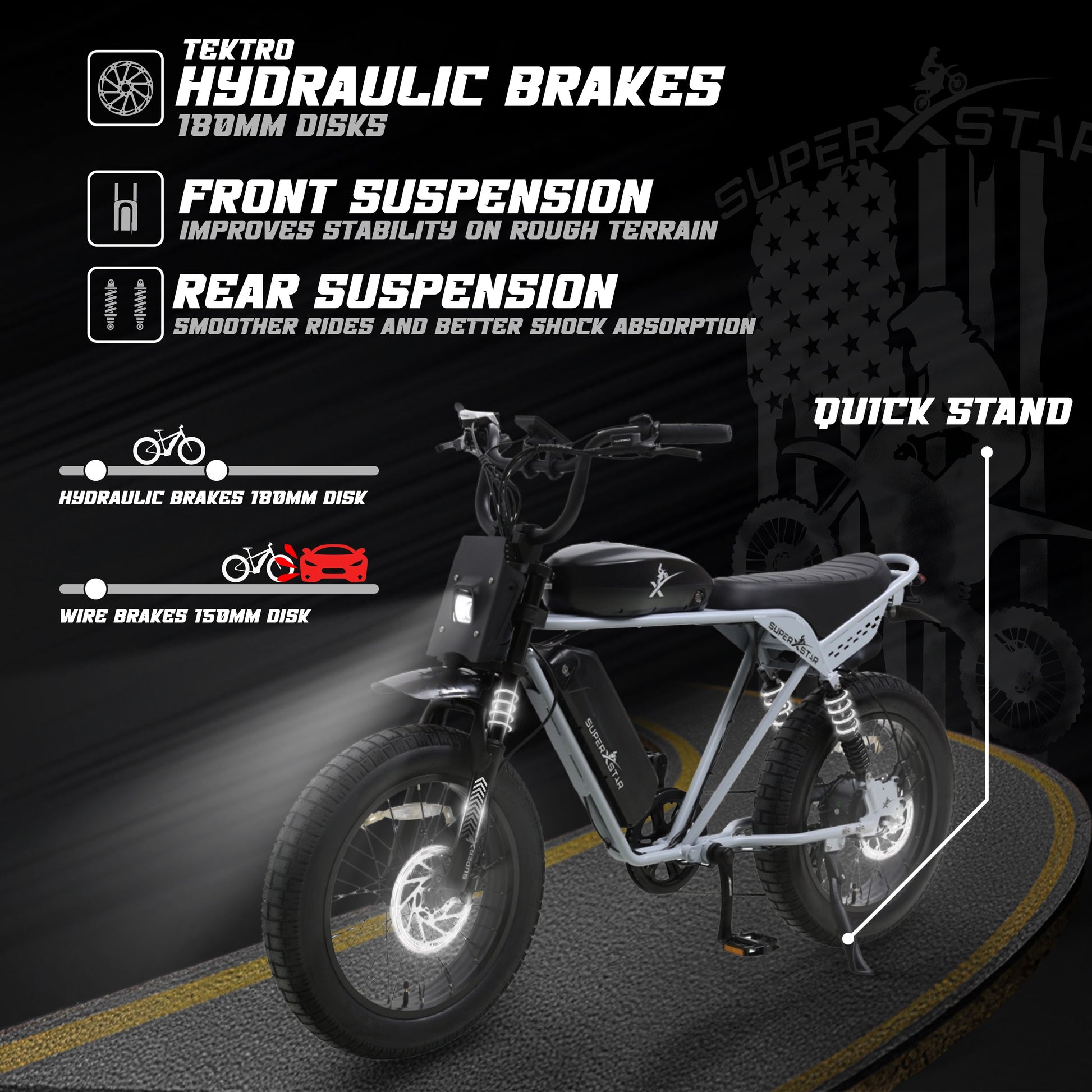 Super X Star E Times Tour electric bike with Tektro hydraulic brakes, 180mm discs, and dual suspension