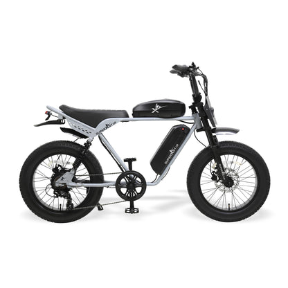 Super X Star E Times Tour 750W electric bike with dual battery and silver frame