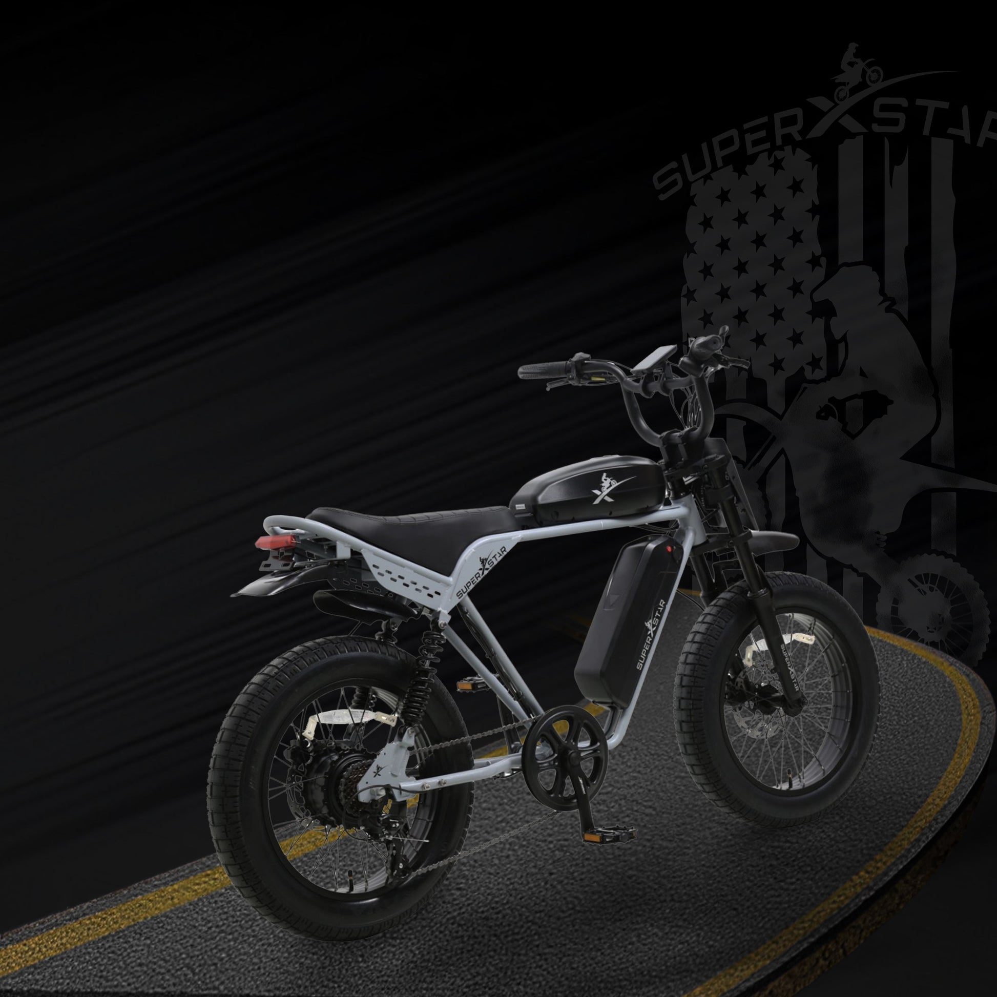 Super X Star E Times Tour electric bike rear view with taillight and spring suspension