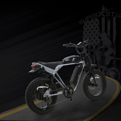 Super X Star E Times Tour electric bike rear view with taillight and spring suspension