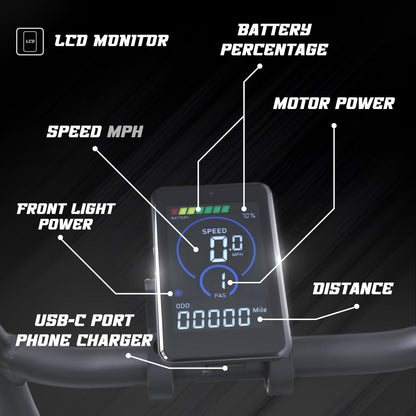 Super X Star E Times Tour LCD display showing speed, battery percentage, motor power, distance, and USB-C phone charger