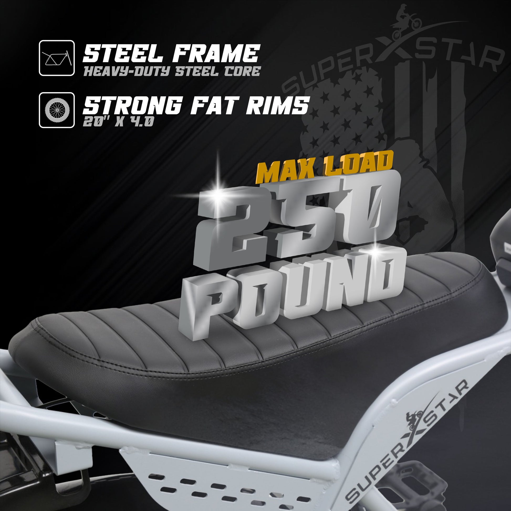 Super X Star E Times Tour electric bike with steel frame, 20x4.0 fat rims, and 250 pound max load