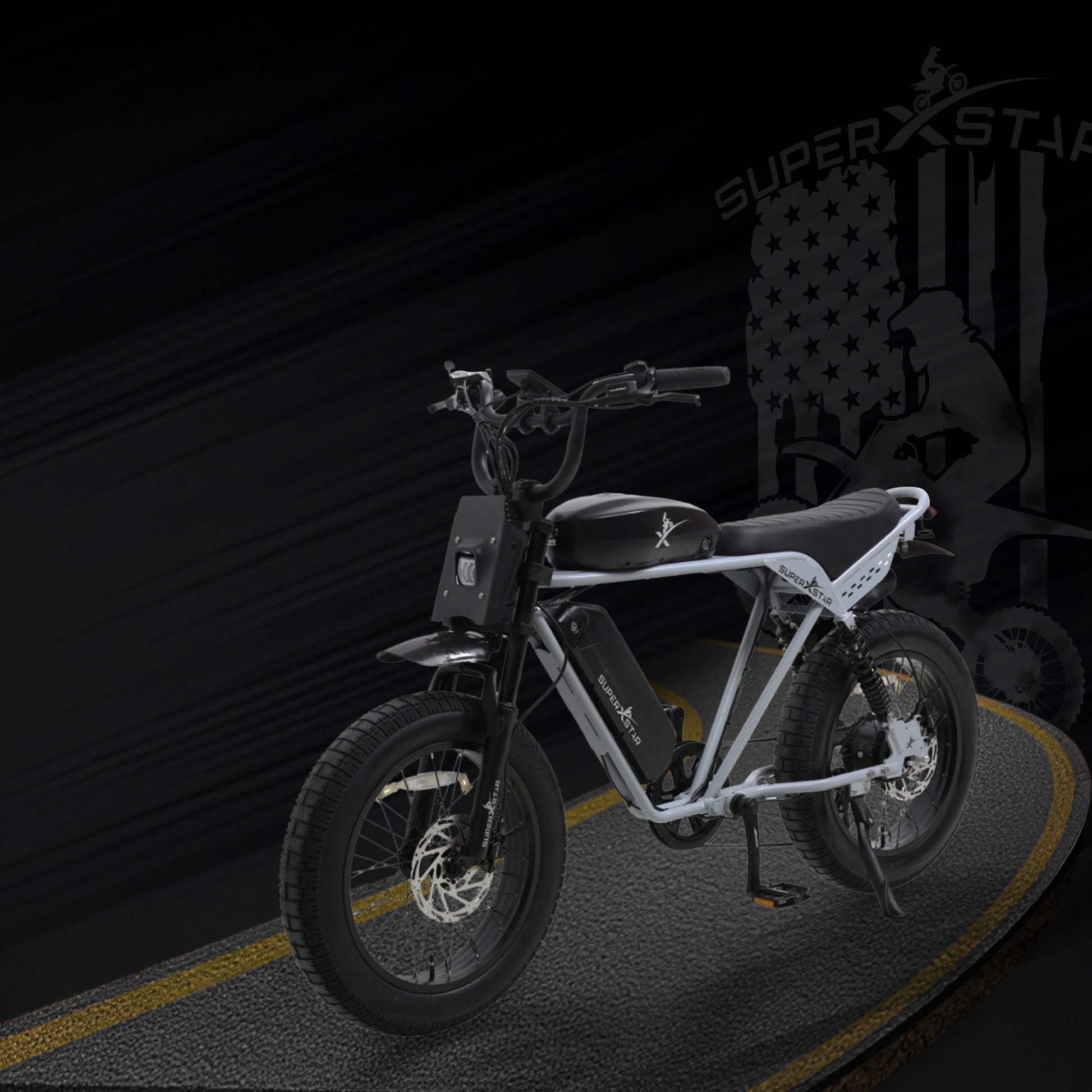 Super X Star E Times Tour electric bike rear view with taillight and spring suspension