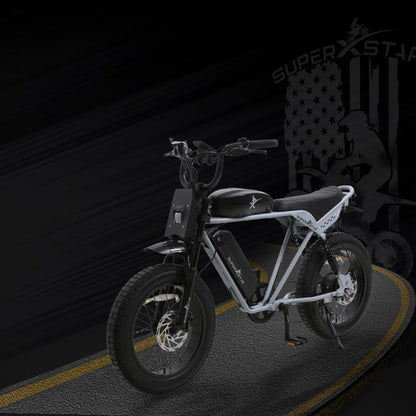 Super X Star E Times Tour electric bike rear view with taillight and spring suspension