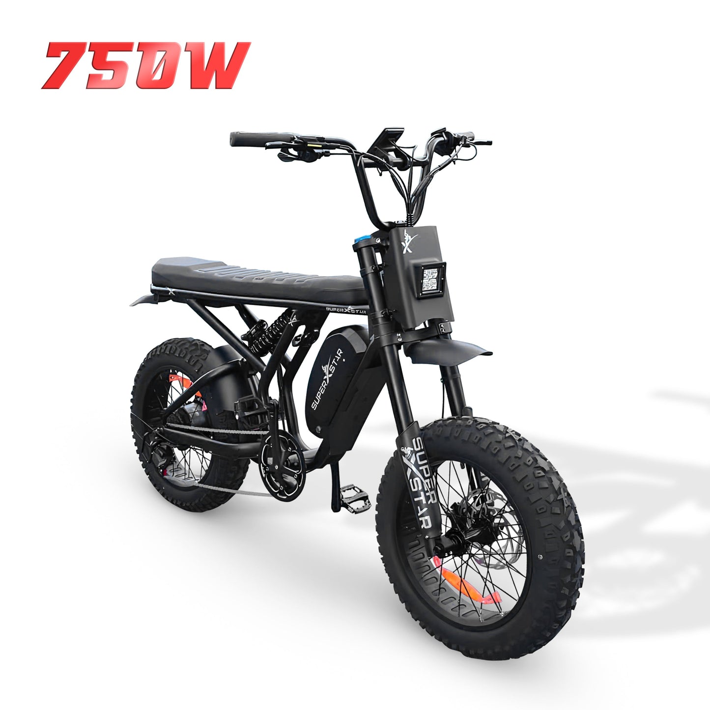 Super X Star ZR 750W electric bike front angle with LED headlight and fat tires