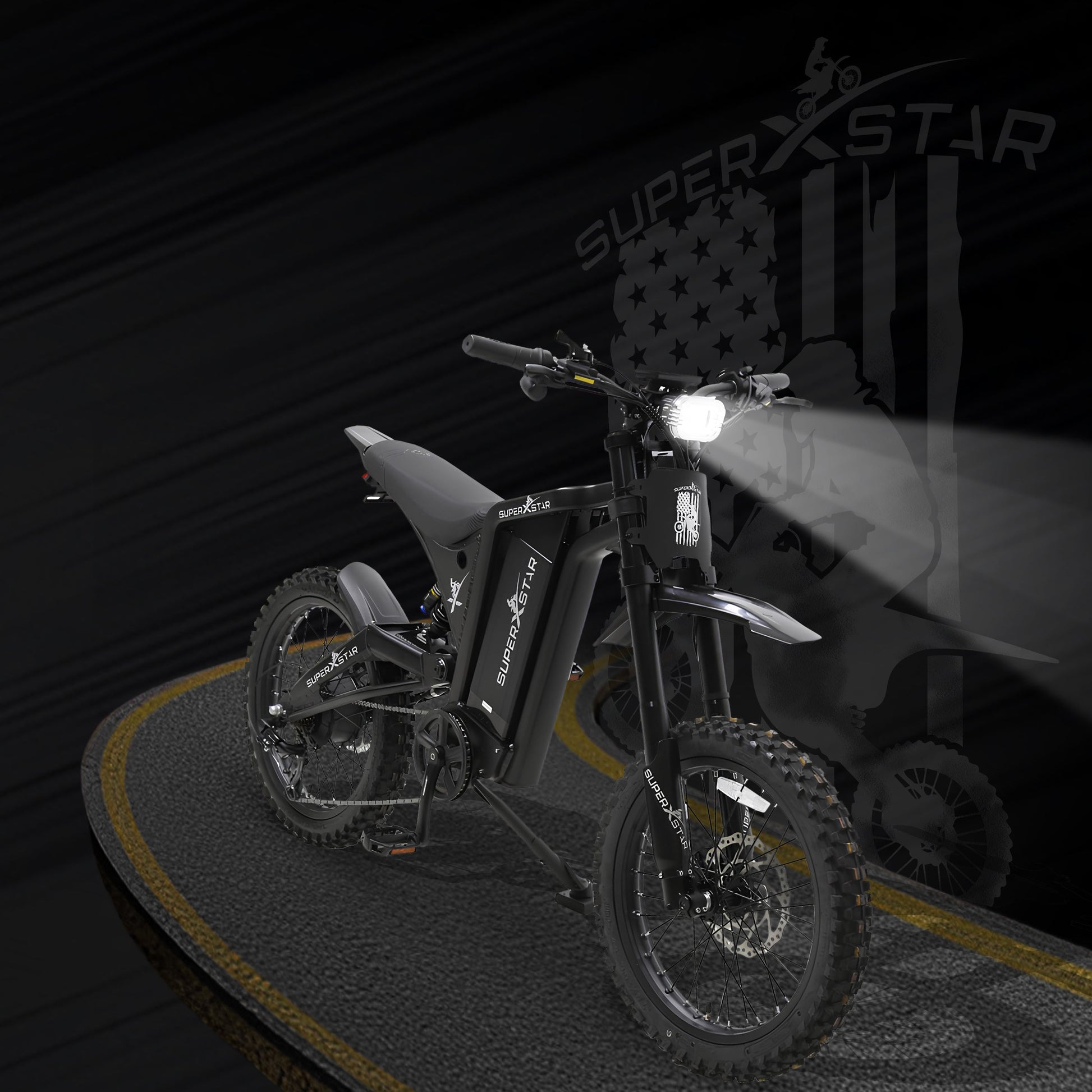 Super X Star Extreme Adventure electric dirt bike front view with LED headlight