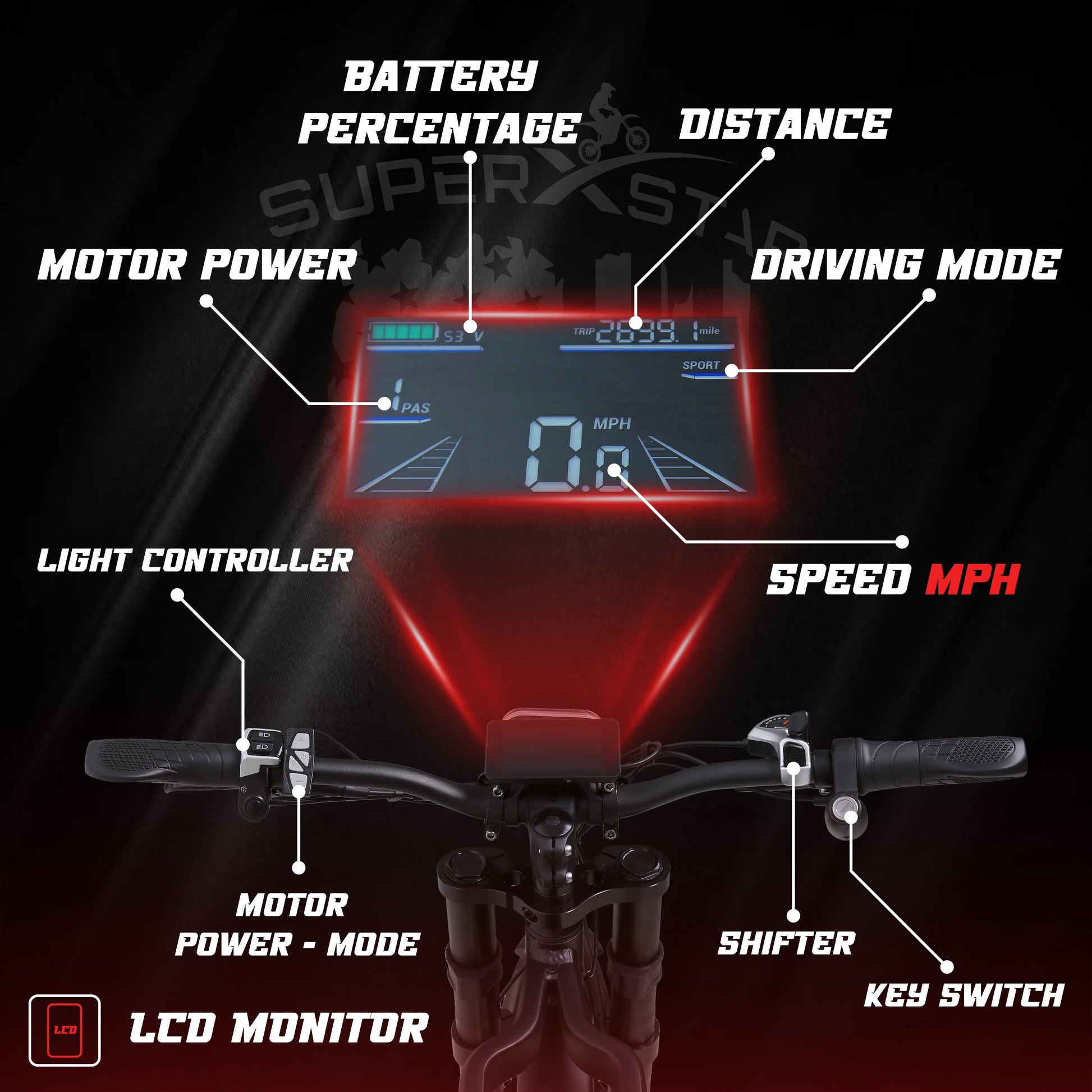 Super X Star Extreme Adventure LCD display showing speed, battery, distance, driving modes, and motor power