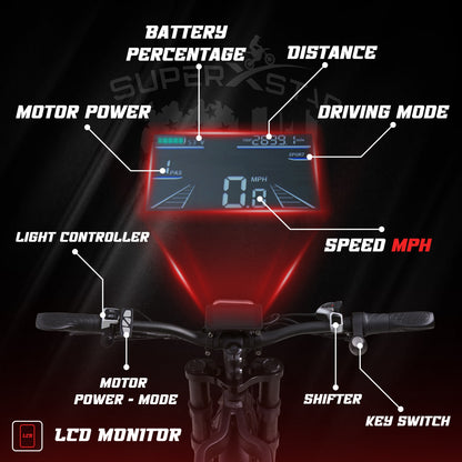 Super X Star Extreme Adventure LCD display showing speed, battery, distance, driving modes, and motor power